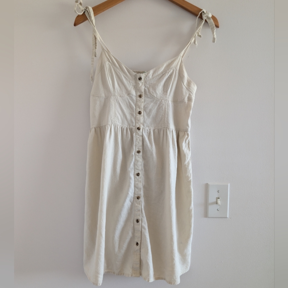 3/$30 Linen Blend Cream Button-Front Tie-Strap Sundress